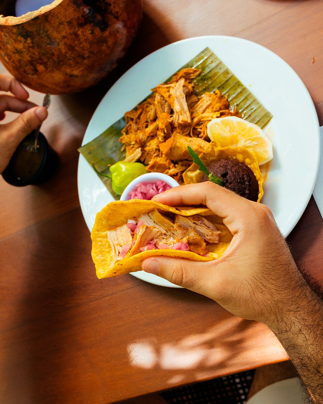 Cochinita pibil, Yucatán’s signature dish, is slow-roasted pork marinated with citrus and annatto, traditionally cooked in an underground pit for smoky, tender flavour.”
