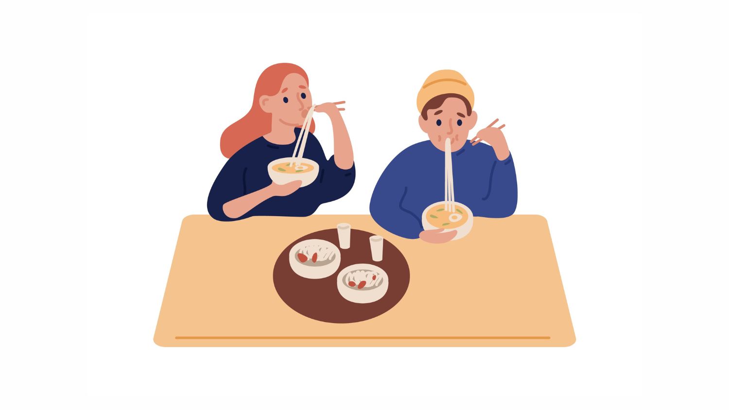 Hipster,Man,And,Woman,Eating,Noodles,At,Restaurant,Vector,Flat