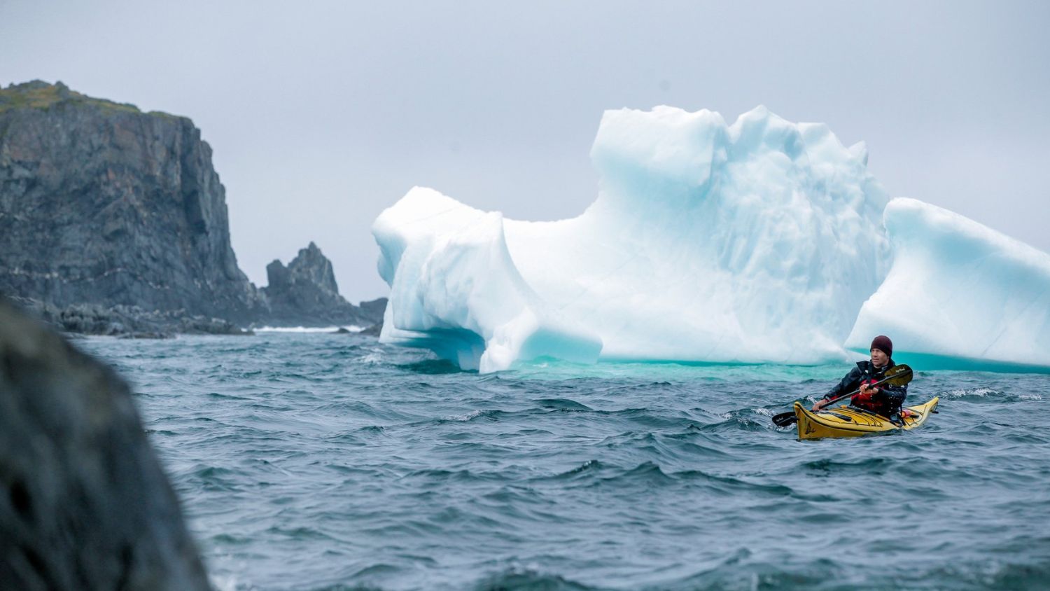 Kayaker with iceberg off Quirpon Island, Western