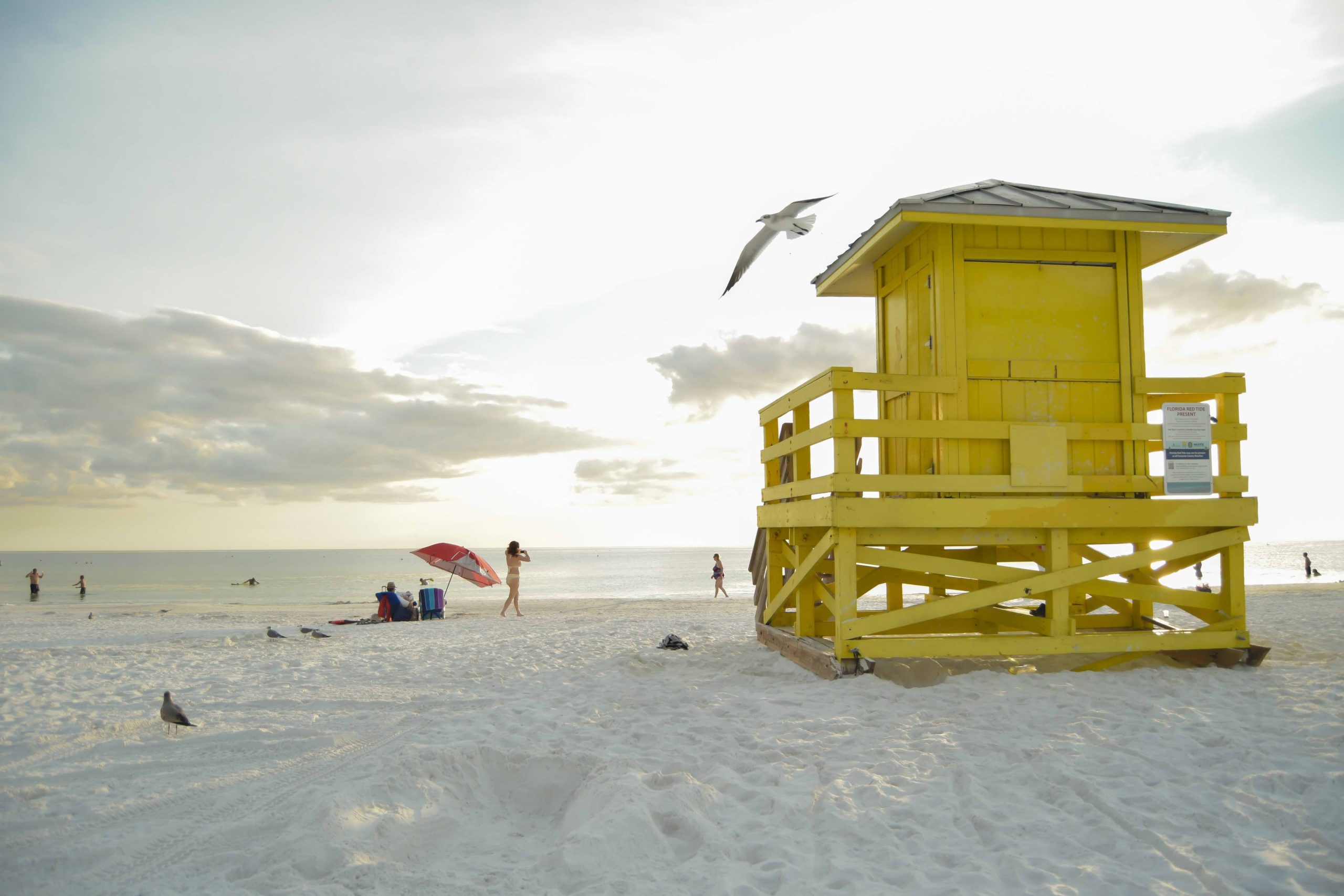 A bright yellow lifeguard hut at Siesta Key Beach near Sarasota.