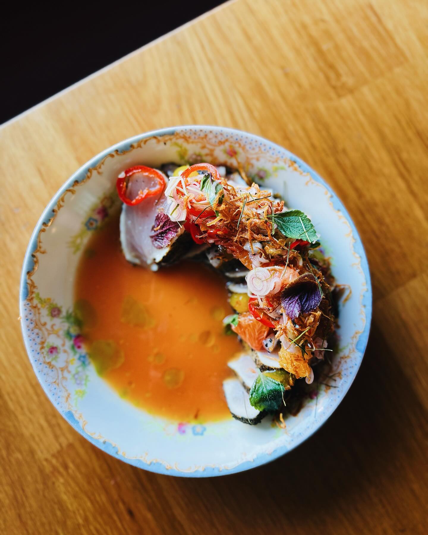 Grilled Citrus Albacore Tuna - it’s blood orange dashi, dragon fruit sambal matah, passionfruit, pandan oil