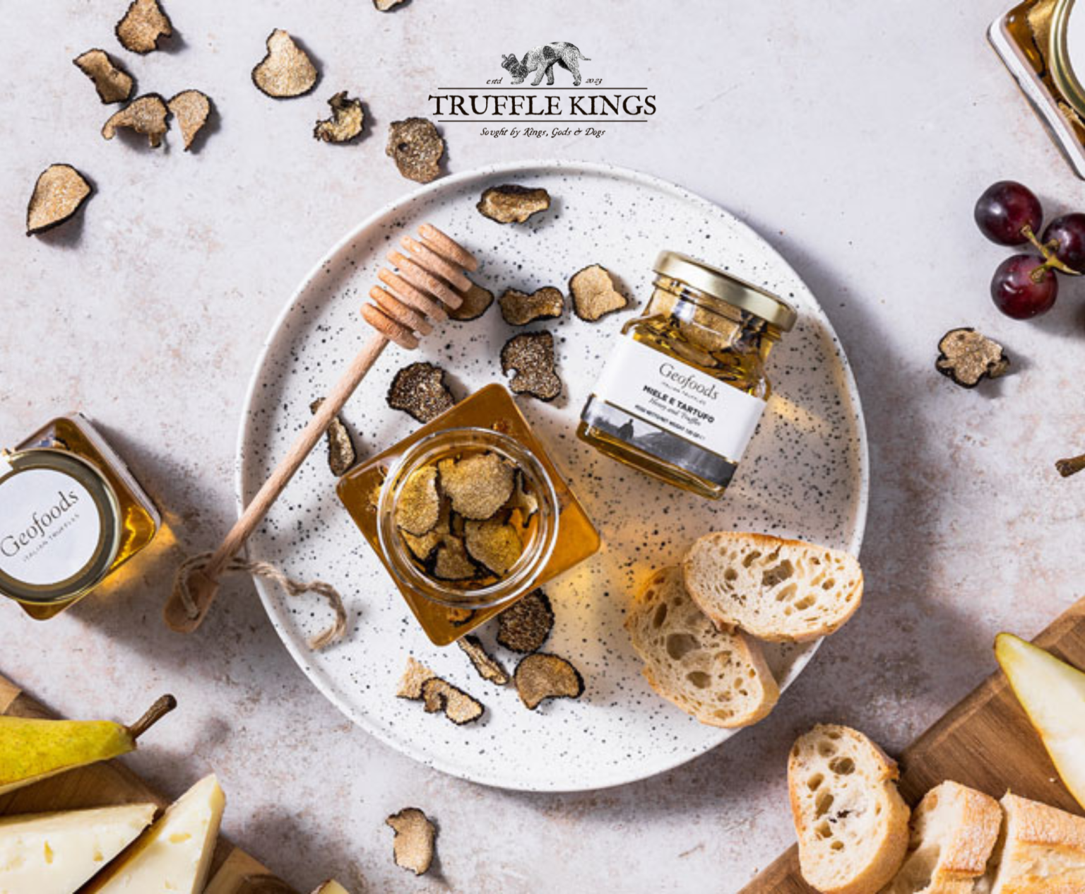 Selection of Italian truffles, olive oils, vinegars, and truffle-infused foods imported to Canada by Truffle Kings and Geofoods.