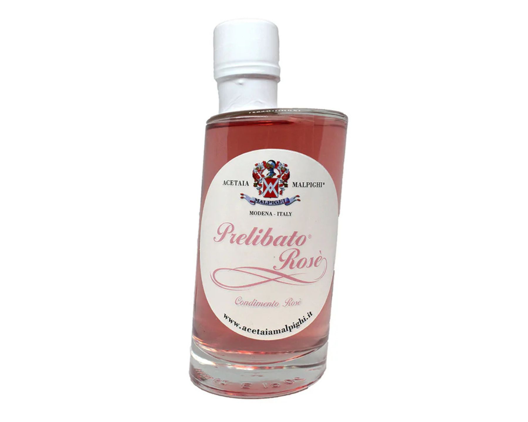 Bottle of Prelibato Rosé Balsamic Dressing made from Trebbiano and Ancellotta grapes with rose essence, offering a fresh and floral flavour ideal for pairing with fish and vegetables.