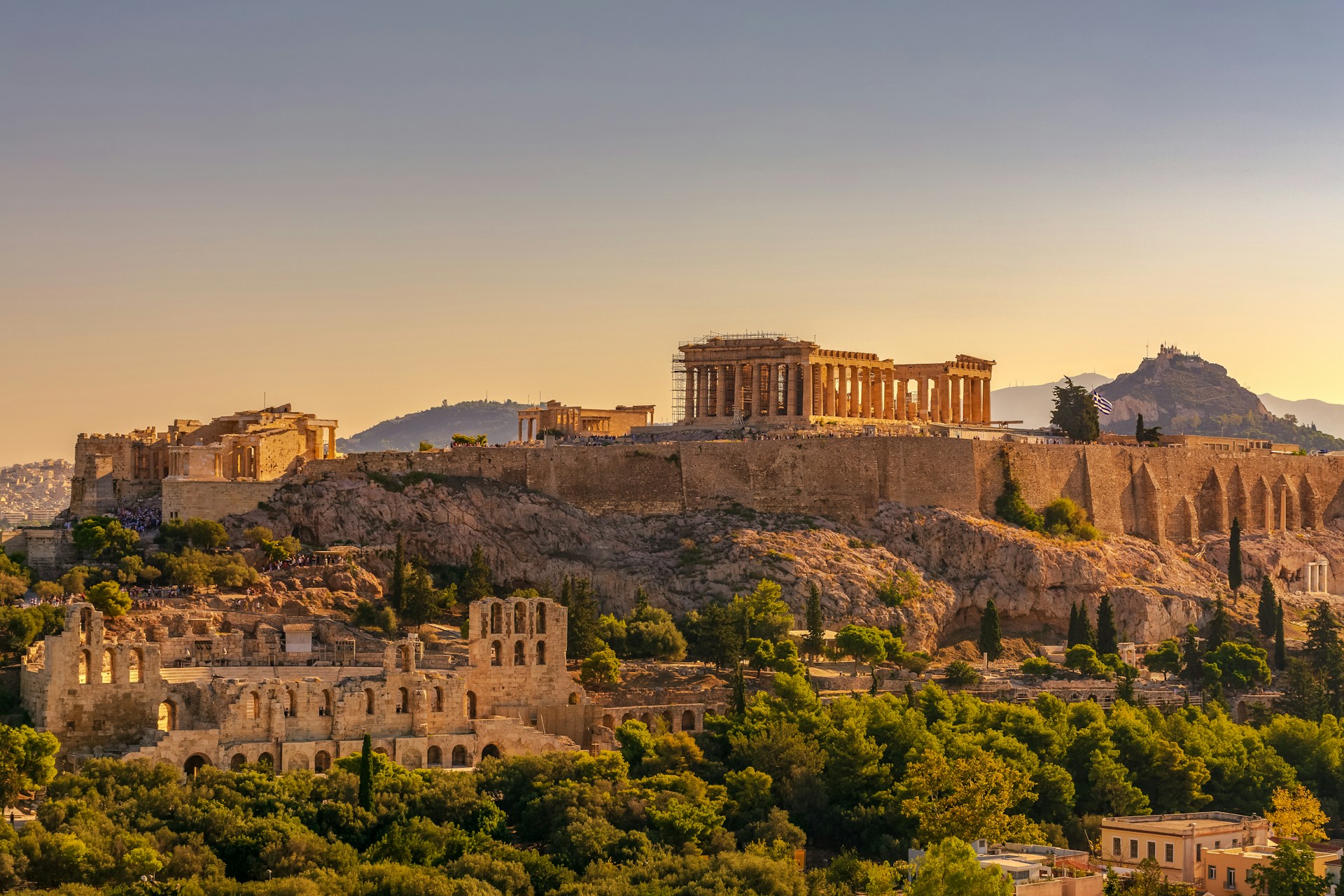 View of Acropolis of Athens with Parthenon and Erechtheion from Filopappou hill.