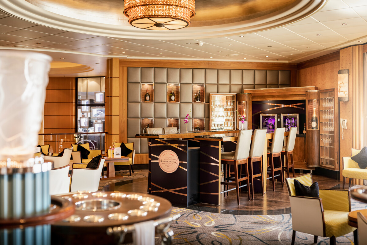 The Laurent-Perrier Champagne Bar onboard Cunard's Queen Mary 2 features Champagne tasting flights. Photo Credit: Courtesy of Cunard