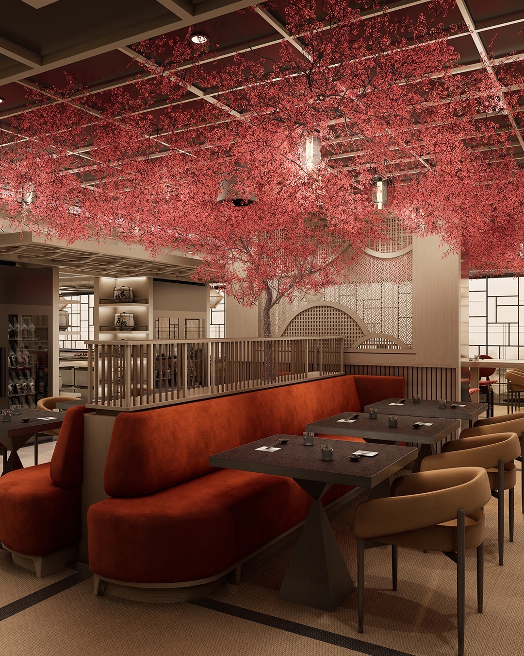 The ancient tea rooms of Kyoto provide the inspiration for Sakura, where dark wood frames lead your eye to traditional Japanese ceiling details. A cherry blossom tree canopy adds to the warm atmosphere.