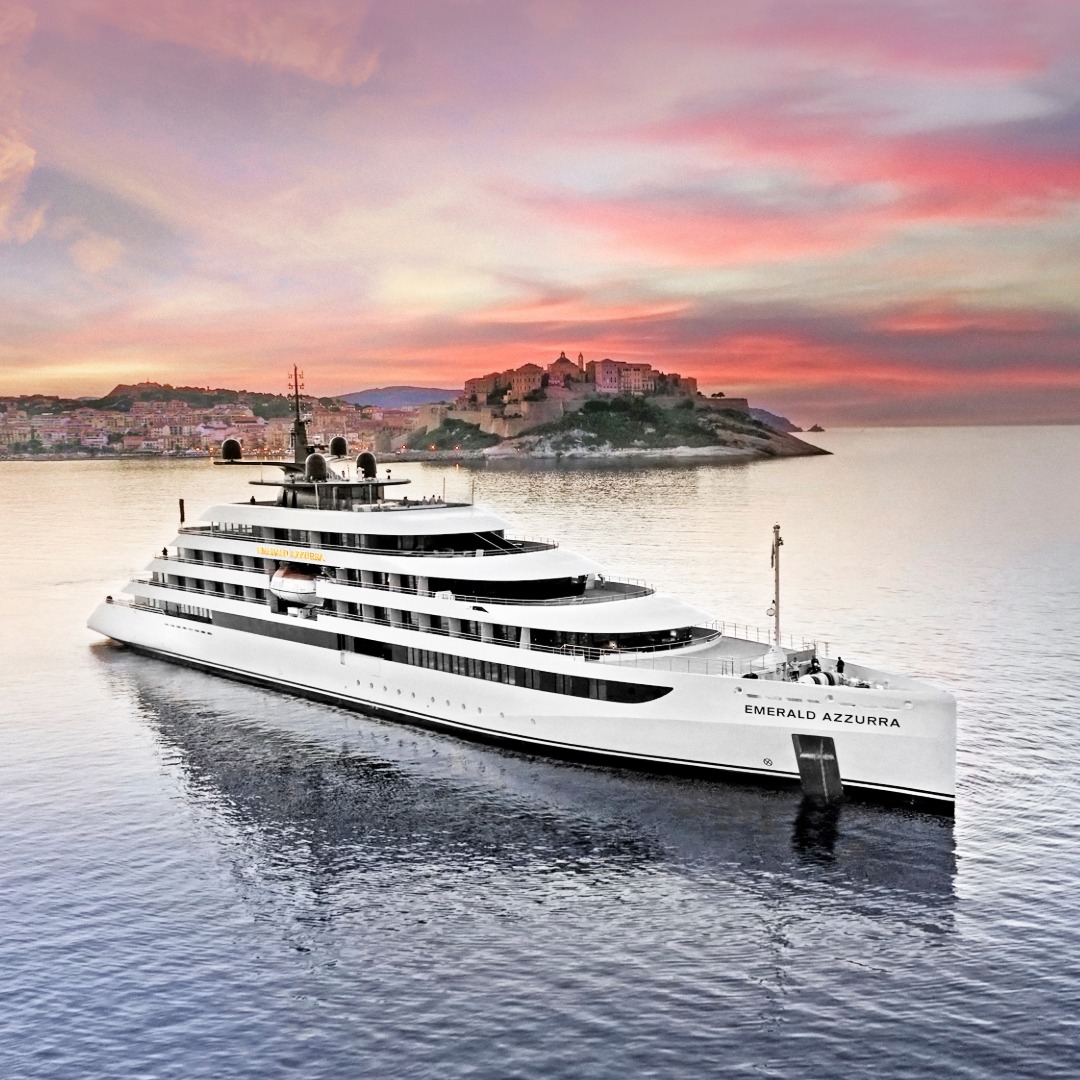 The Emerald Azzurra luxury yacht at sea, showing the Sky Bar, Aqua Pool deck, and Observation Lounge.