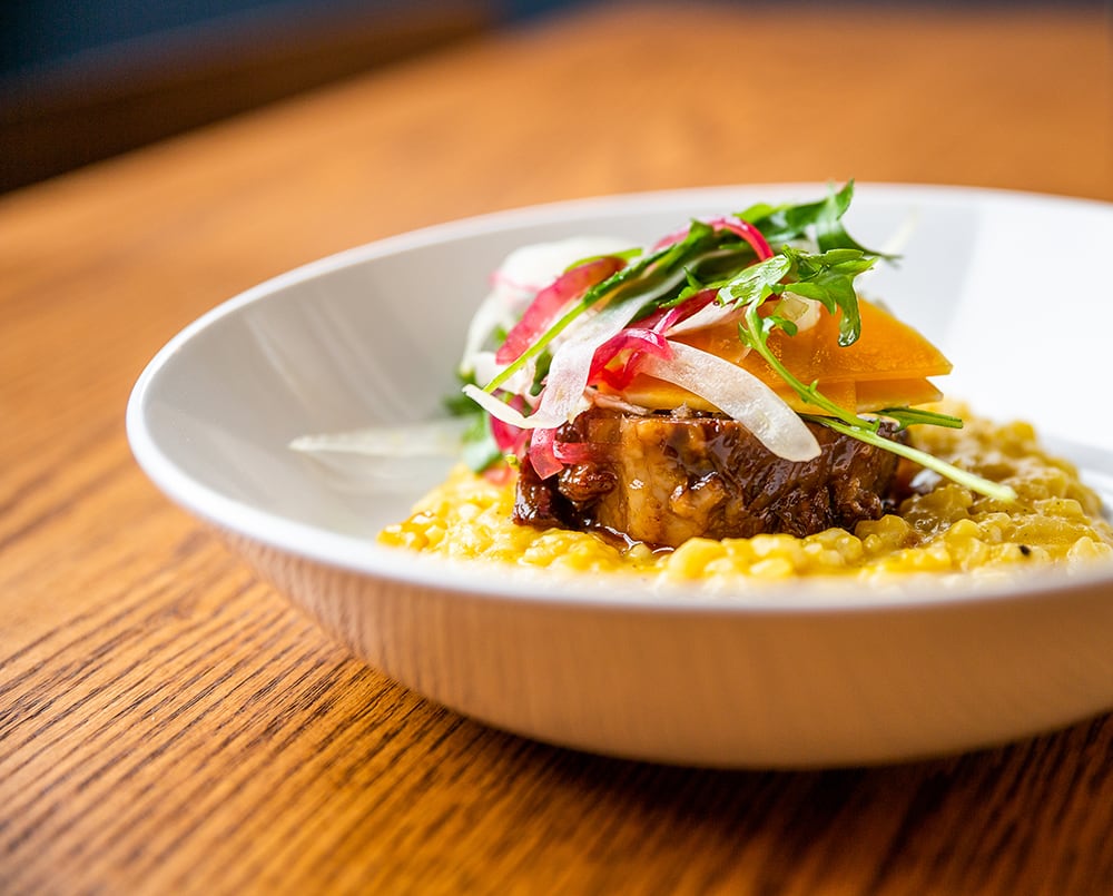 Braised beef shank roasted cabbage, 5-spice chestnut puree, mustard green relish, mushroom jus, coffee shoyu
