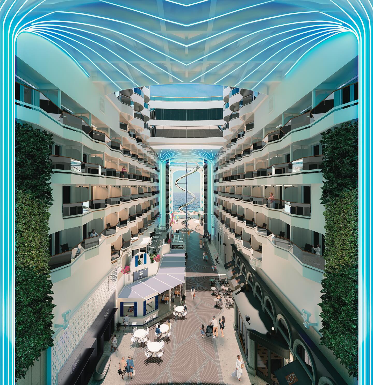 MSC World America features seven unique districts, letting guests tailor their vacation experience. The Promenade is a lively indoor-outdoor space with great views, a new concept introduced on MSC World Class ships.