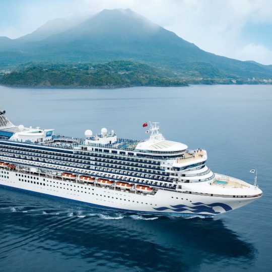 Diamond Princess sails past Sakurajima, the iconic volcano of Kagoshima, Japan