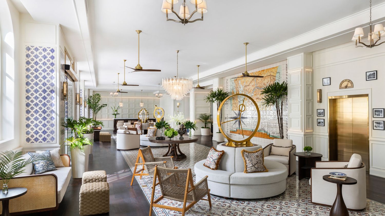 Nautical touches in the lobby, from a vintage ship’s telegraph to lush green and white blooms, complement the sparkling crystal chandelier at Sofitel Legend Casco Viejo. Photo: Courtesy of Sofitel Legend Casco Viejo