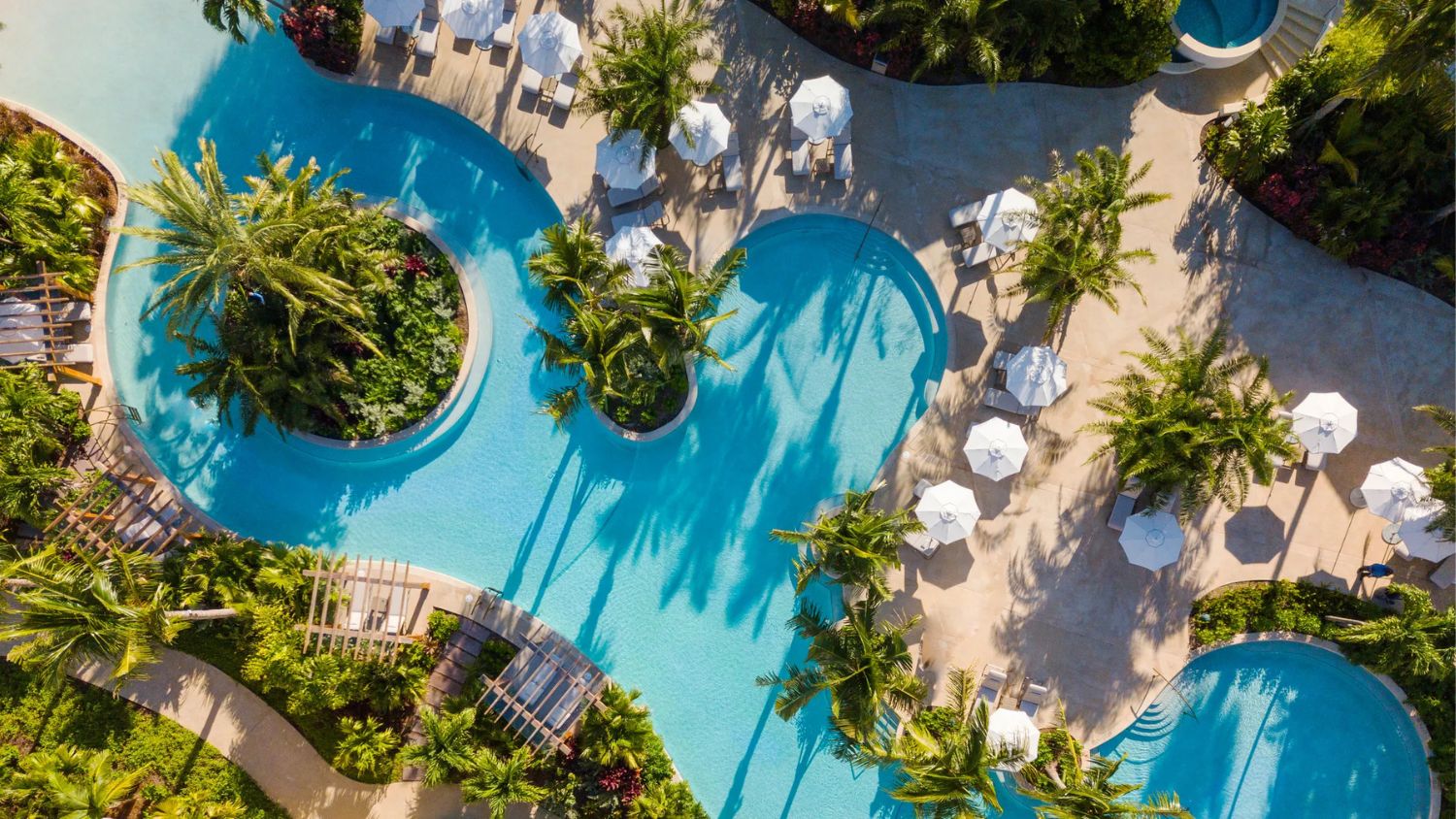 The Lagoon Pool: A family-friendly, curvaceous pool with ladder entry, tropical landscaping, and a small islet of palms. Sunloungers and daybeds along the edges offer privacy and relaxation.