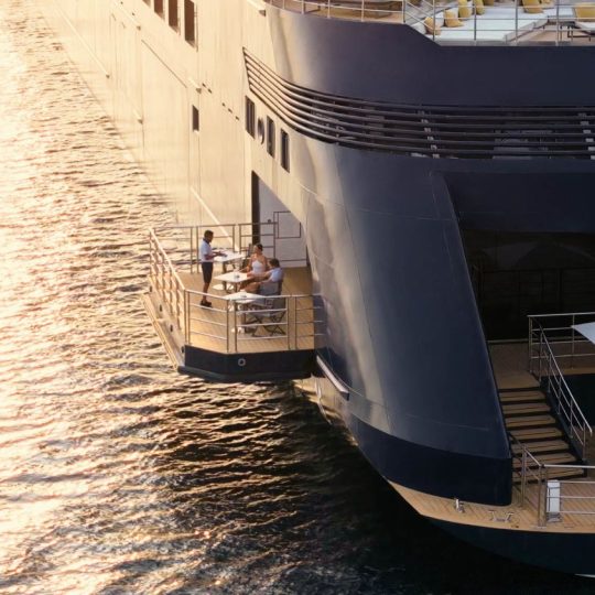 A private dining experience on Evrima, the Ritz-Carlton Yacht Collection’s flagship, named for a word of Greek origin, meaning “discovery.”