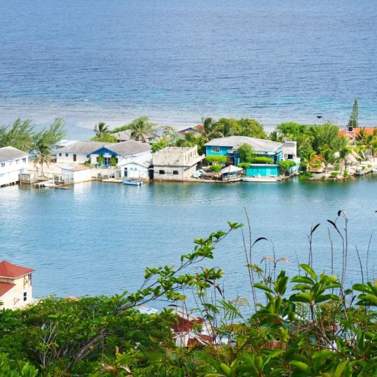 A splash of Caribbean colour. The pastel-hued stilt houses of Oak Ridge Harbour, Roatán, stand above the turquoise water—a quiet contrast to the island's busier cruise port.
