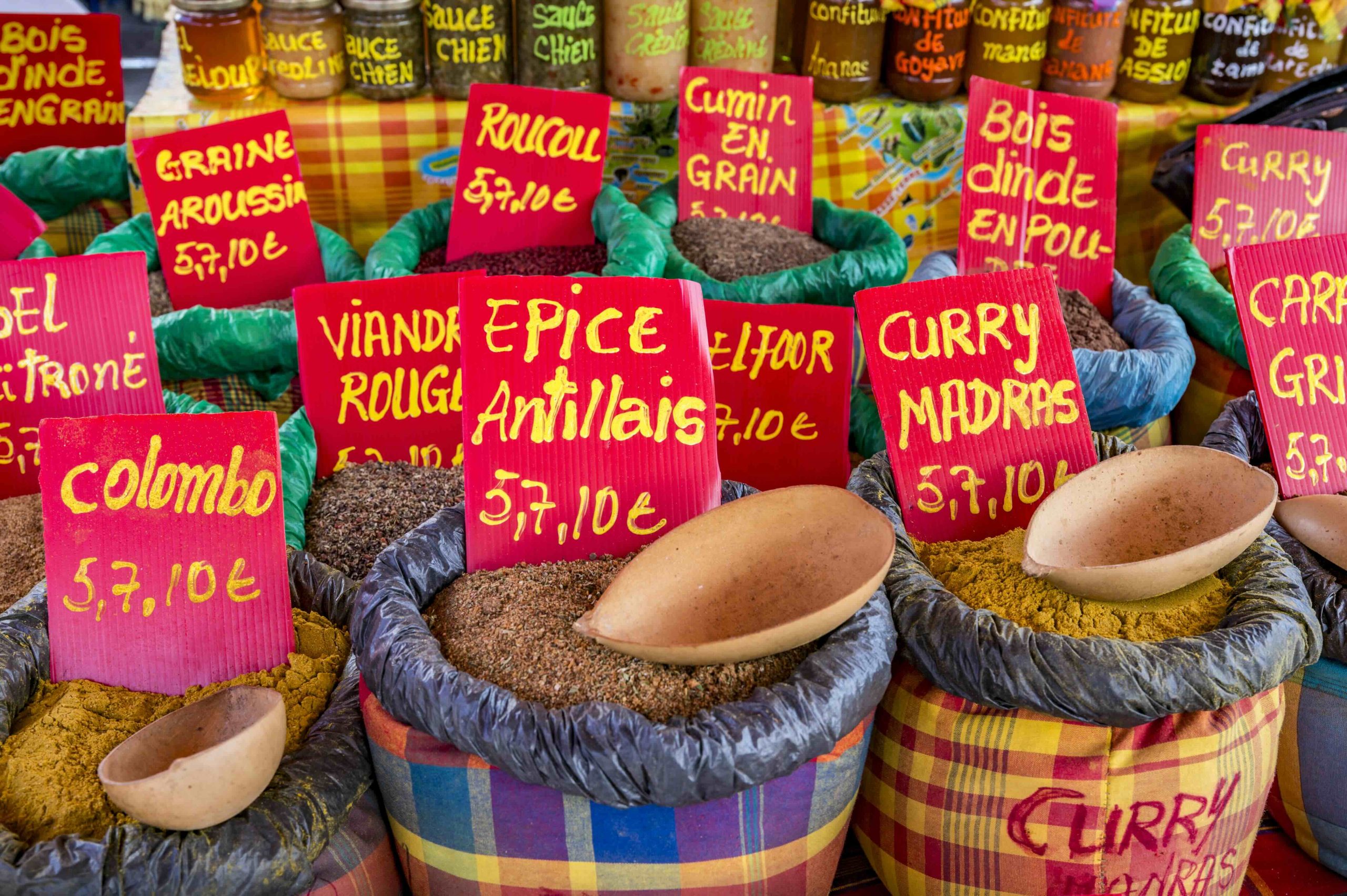 A colourful array of traditional spices, a staple of Guadeloupe’s open-air markets.